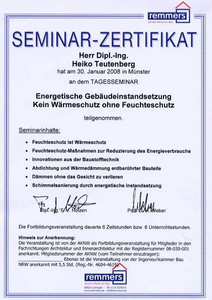Teutenberg innovative Bautechnik GmbH - Lünen - Fortbildung / Zertifikate