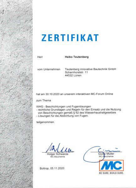 Teutenberg innovative Bautechnik GmbH - Lünen - Fortbildung / Zertifikate